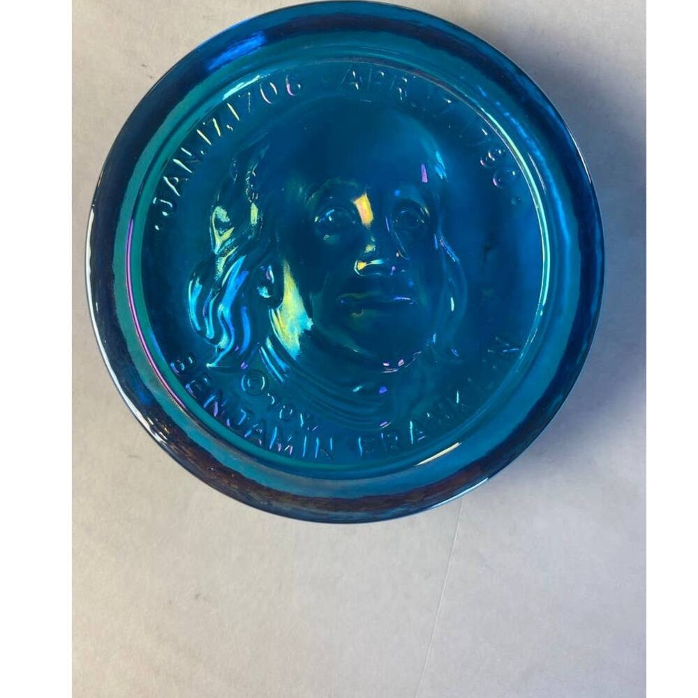 Vintage 1970 Benjamin Franklin Blue Carnival Glass Paper Weight Medallion - 4.5"